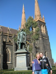 What a picture - the girls, a statue, a eucalyptus tree, *and* a cathedral!