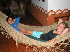 Aleha and Abbey chill in the "two person" hammock