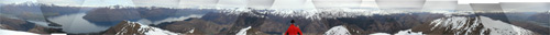 After some doubt and tension, and some guidance from more experienced climbers, we reached the summit!  Here is the awesome 360-degree view from the top!  Queenstown is at the left, followed by the lake, the Remarkables, and a guy from Sweden.  Gotta love random guys from Sweden popping up in your panorama photos...