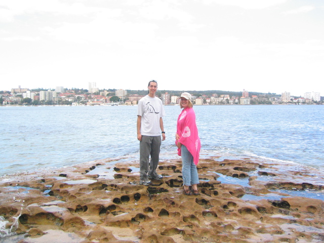 We took the "Manly to Spit" walk along trails of varying difficulty along the edge of the harbor.  As you can see, it started out nice and warm tshirt weather... we didn't think that the hike would take so long, or that it would start raining... oh well.  And I know you are dying to find out if that is a kangaroo on my shirt.  Yes it is. :)