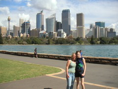 Sara and HIlary with the Sydney skyline.  We walked all the way along the harbourside, past the opera house to the ferry terminals (Central Quay).