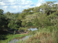 Bolivians wash laundry down by the river