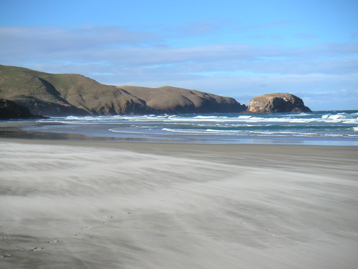 you can see the sand blowing across the beach