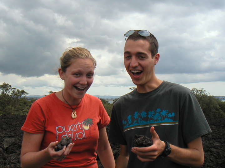 As the two of us learned in Geology class this semester, there are two types of basalt lava: "pahoehoe" is smooth flowing, whereas "a'a'" is broken up and sharp (it's name is what you utter when trying to walk across it).  Here we demonstrate the latter concept by each saying "a!" which when combined, is a'a'.  Ingenious, I know.  Actually, we just look stupid.  But that's ok.  Do it for the geology...