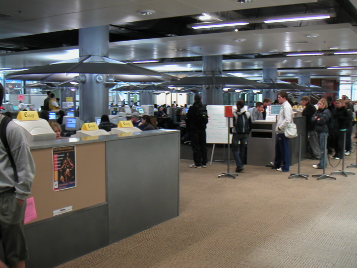 Times like these make me appreciate nice small colleges like Williams.  The line of people on the right are waiting to use a computer, even though there are at least a hundred of them in this area!