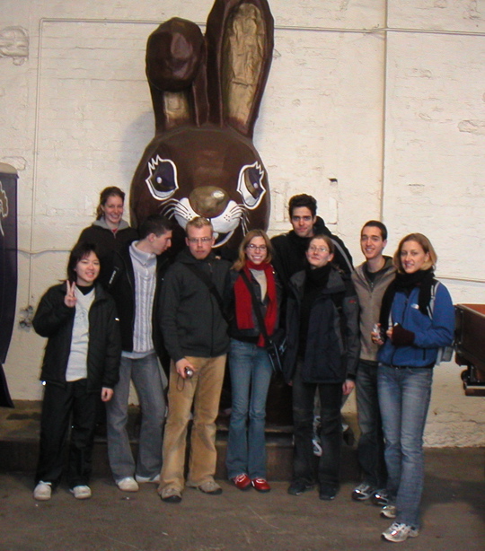 After touring the Cadbury Chocolate Factory housed here in Dunedin, a few of us pose in front of the "Cadbury Bunny".  I would have shown you more, but they didn't let us bring cameras into the factory... and to stifle our protests they just fed us more chocolate ;-).  I don't really know any of these people except for Hilary, the girl with the red scarf who I plan to do some travelling with.